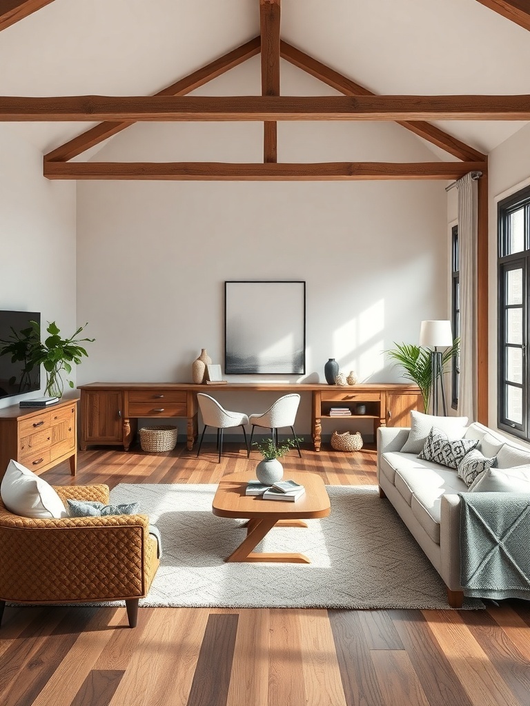 A bright farmhouse living room featuring reclaimed wood accents, including beams and furniture.