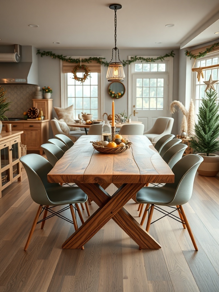 A dining area featuring a reclaimed wood table surrounded by modern chairs, with natural light and greenery.