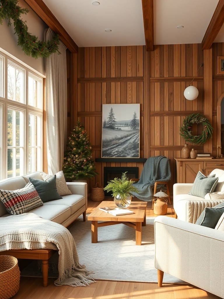 Cozy living room featuring reclaimed wood furniture and warm decor.
