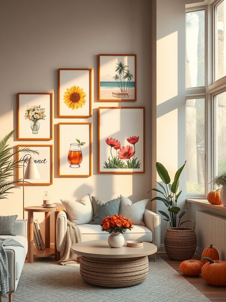A cozy living room with a gallery wall featuring vibrant artwork and a comfortable seating area.
