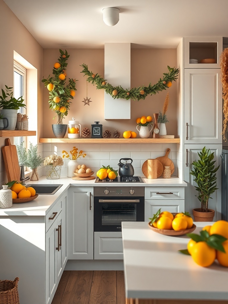 A bright kitchen with citrus decor including oranges and lemons on the counter and shelves.