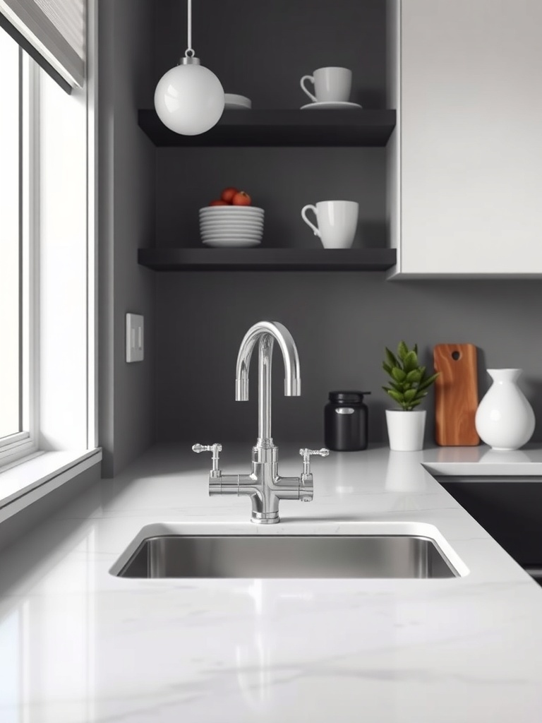Modern kitchen sink area with sleek faucet and open shelves