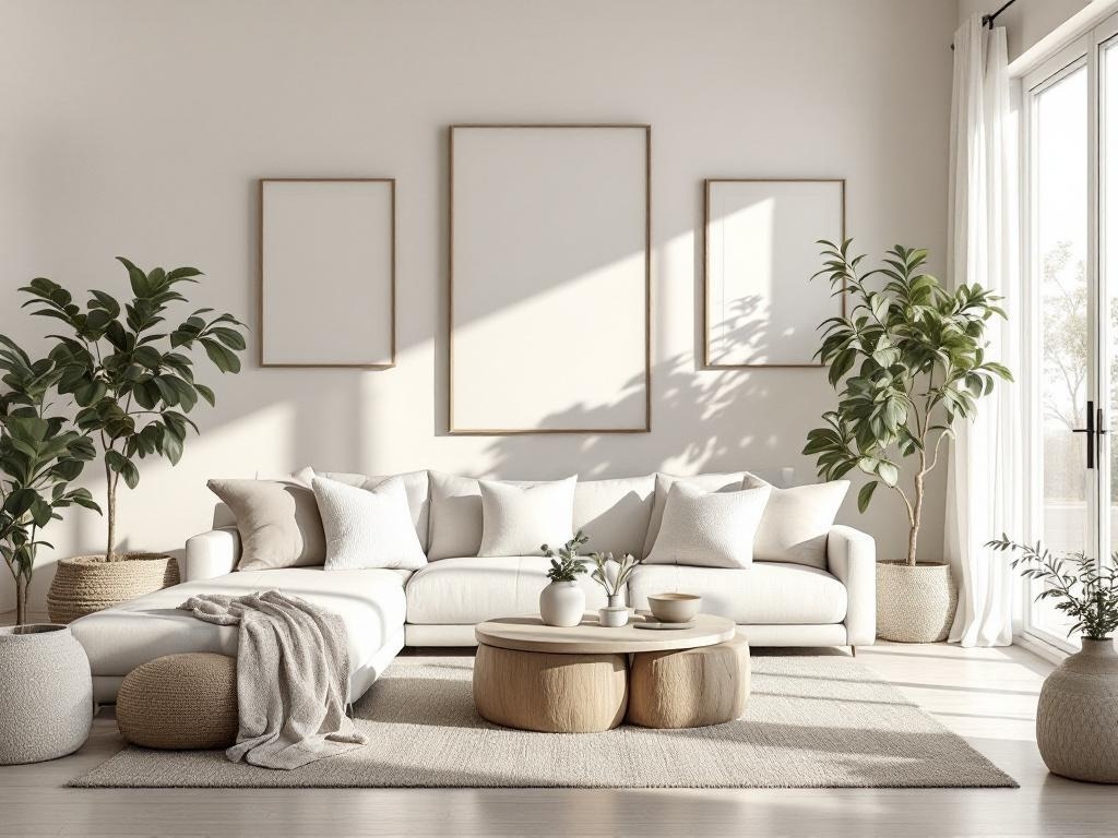 A modern living room with a relaxed coastal aesthetic, featuring light colors, a cozy sofa, and plants.