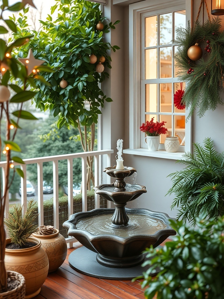 A balcony with a water fountain surrounded by plants and decorations.