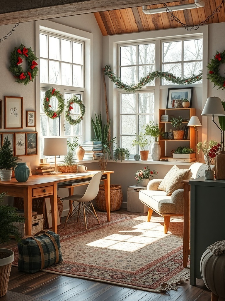 A cozy room with natural light, featuring a desk, chair, and decorative plants.