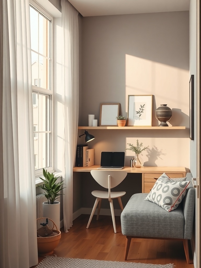 A compact home office setup in a small corner with a desk, chair, and decorative elements.