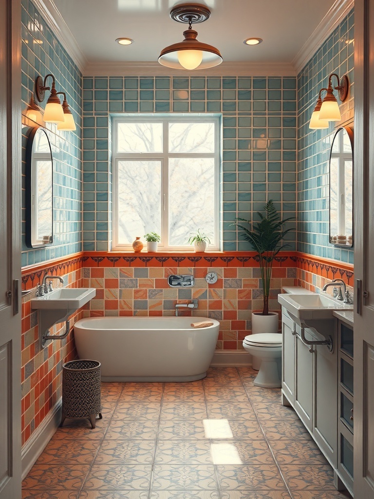 A retro inspired bathroom with blue and orange tiles, a freestanding tub, and vintage lighting.