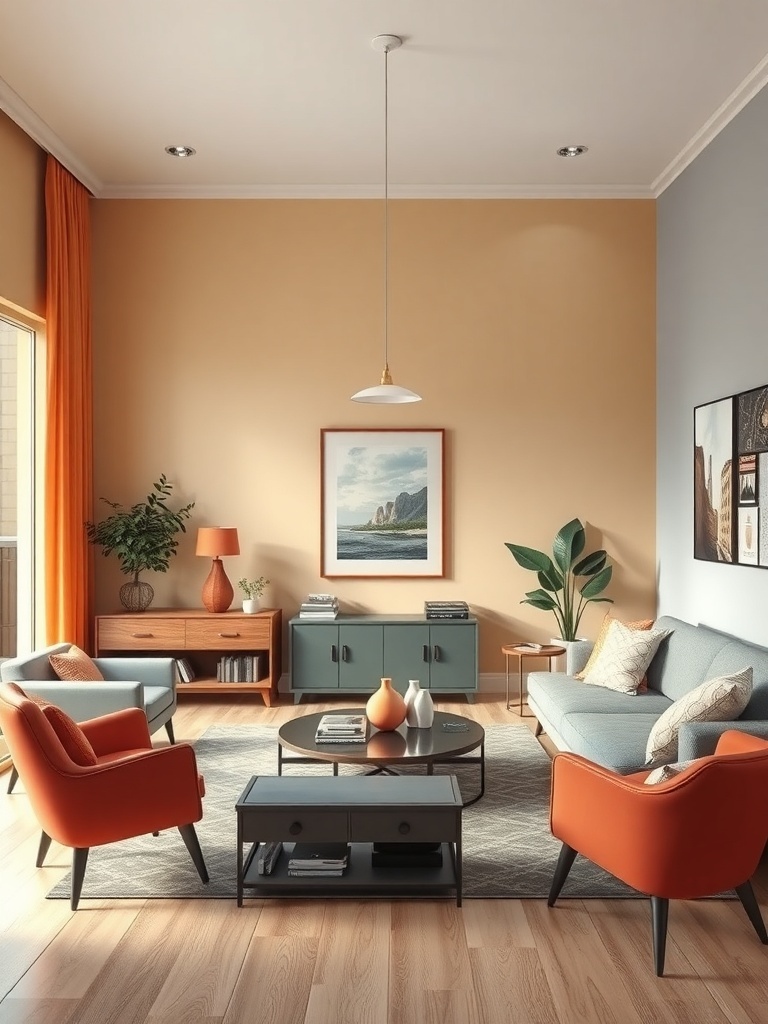 A stylish retro-inspired living room featuring orange chairs, a blue sofa, and wooden furniture.