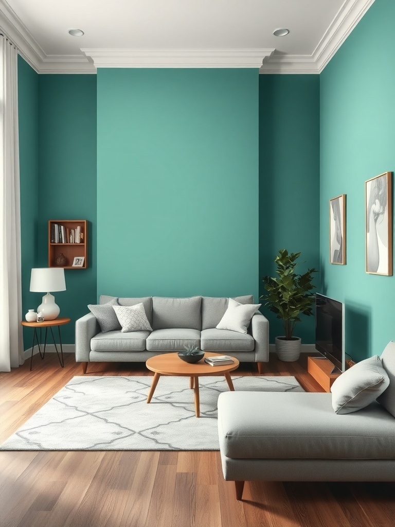 A modern living room with teal walls, gray furniture, and a cozy atmosphere.