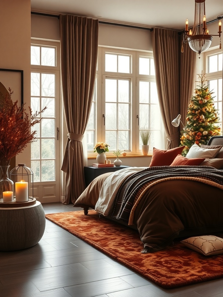 A cozy bedroom featuring rich chocolate brown bedding and warm gold accents.