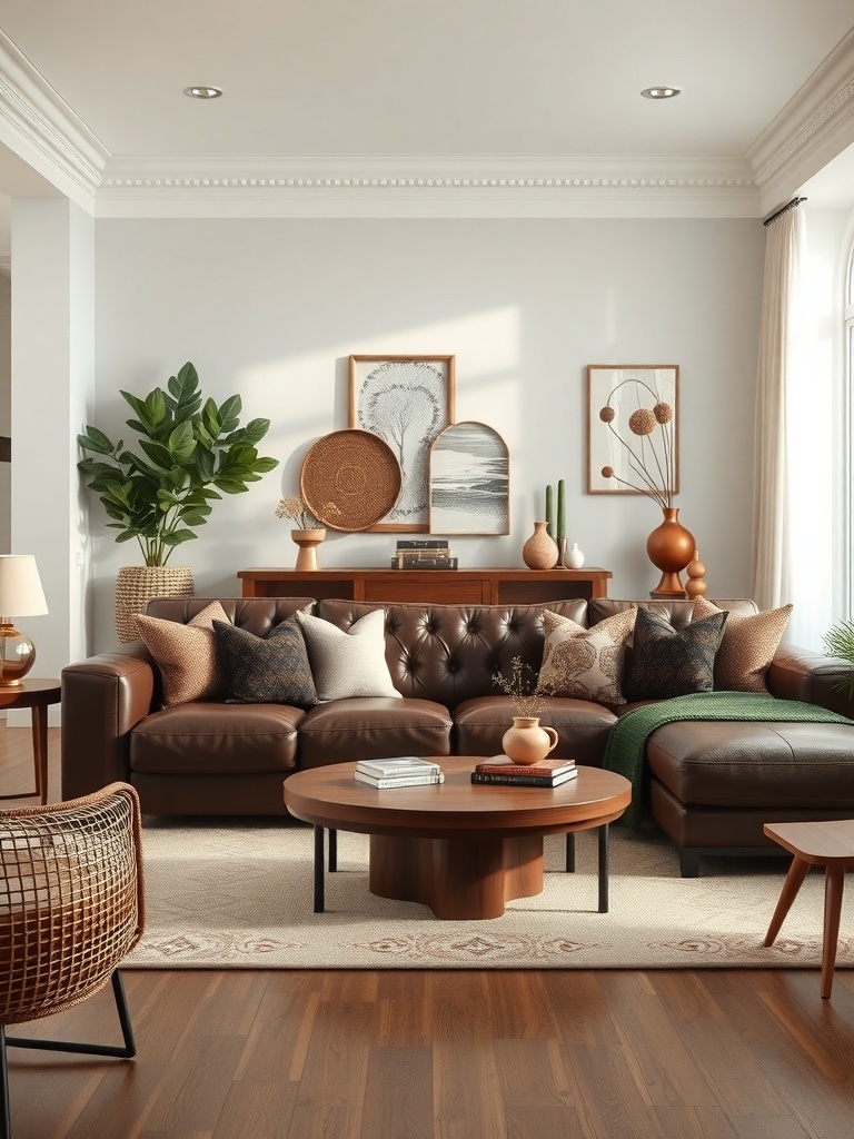 A cozy living room featuring a rich chocolate leather sofa with decorative pillows, a wooden coffee table, and plants.