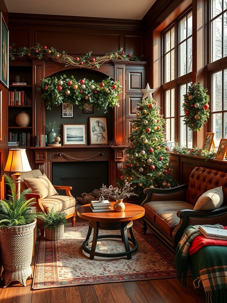 Cozy interior featuring rich mahogany furniture, decorated for the holidays.