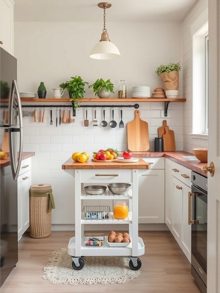 A white rolling cart with wooden top in a small kitchen, filled with fruits and kitchen essentials.