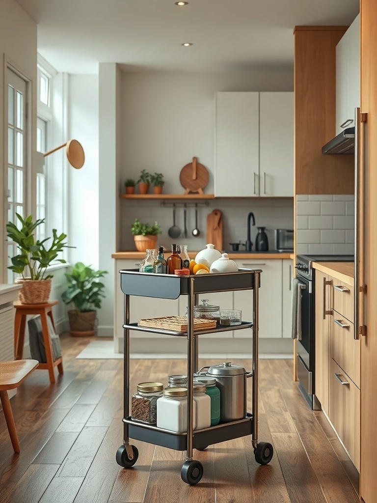 A stylish rolling cart filled with jars and bottles in a modern kitchen.