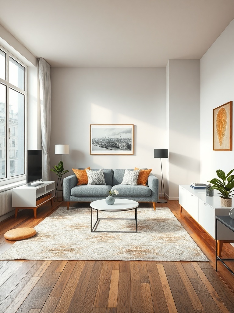 A cozy living room with a light rug under a gray sofa, creating a defined space.
