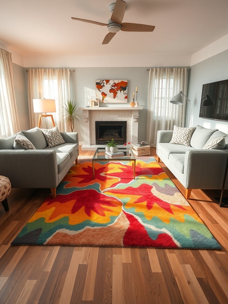 A living room featuring a colorful rug with bold patterns, light-colored sofas, and a warm wooden floor.