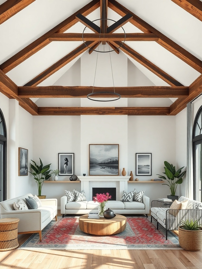 A boho living room featuring rustic wooden beams on the ceiling, light-colored furniture, and decorative plants.