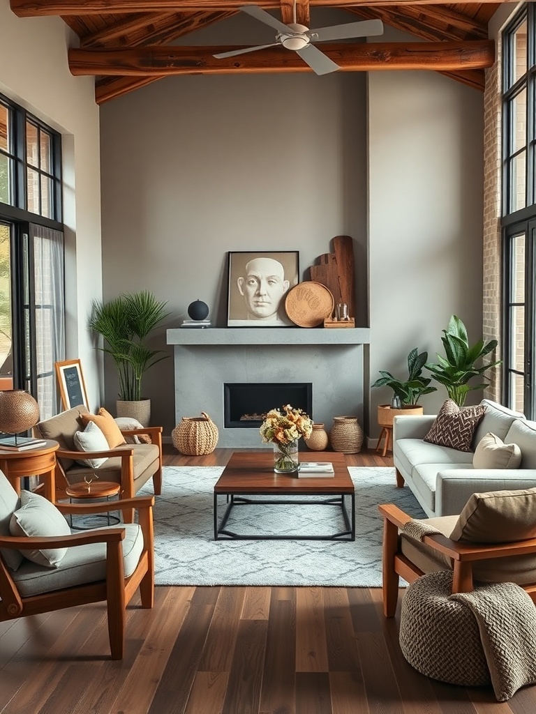 A cozy living room featuring rustic brown accents, wooden beams, and natural decor.