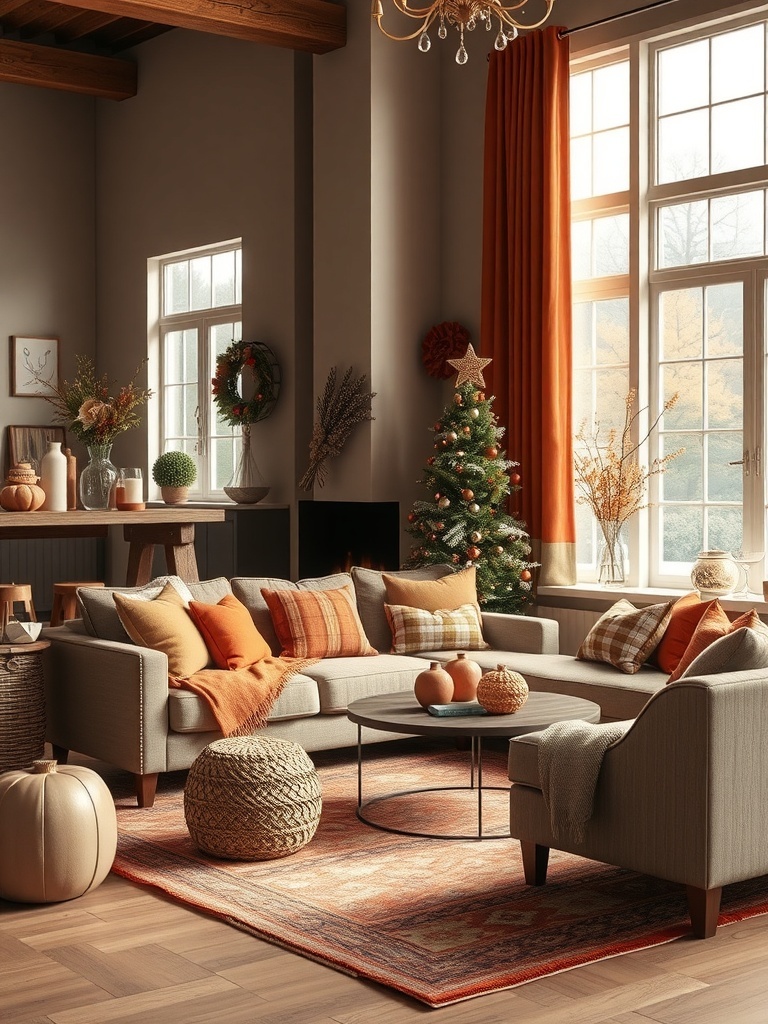Cozy living room with rustic burnt sienna accents, featuring warm tones and natural textures.