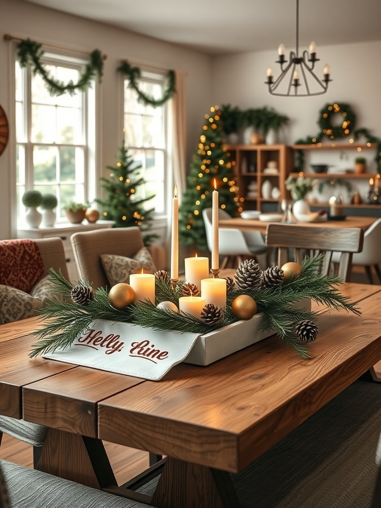 A rustic holiday table centerpiece featuring pinecones, candles, and greenery.