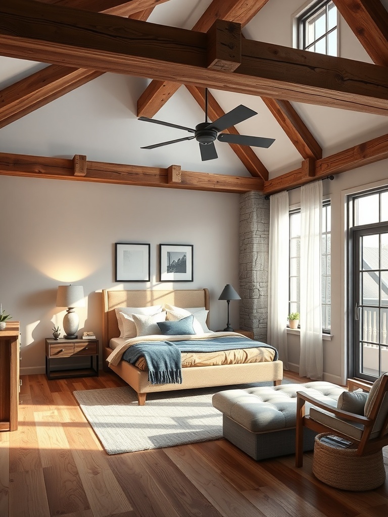 A cozy rustic bedroom featuring wooden beams, a stone wall, and warm tones.