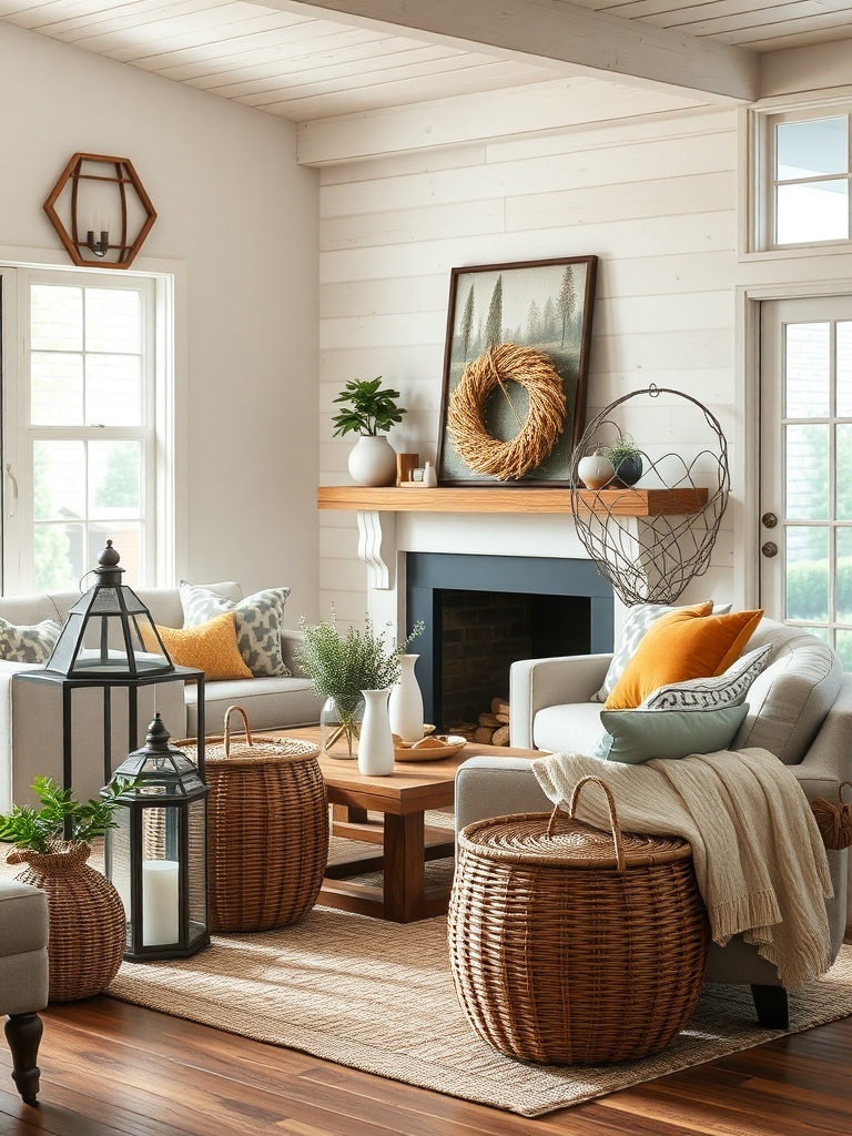 A cozy farmhouse living room with rustic accessories like woven baskets, a wooden coffee table, and warm lighting.