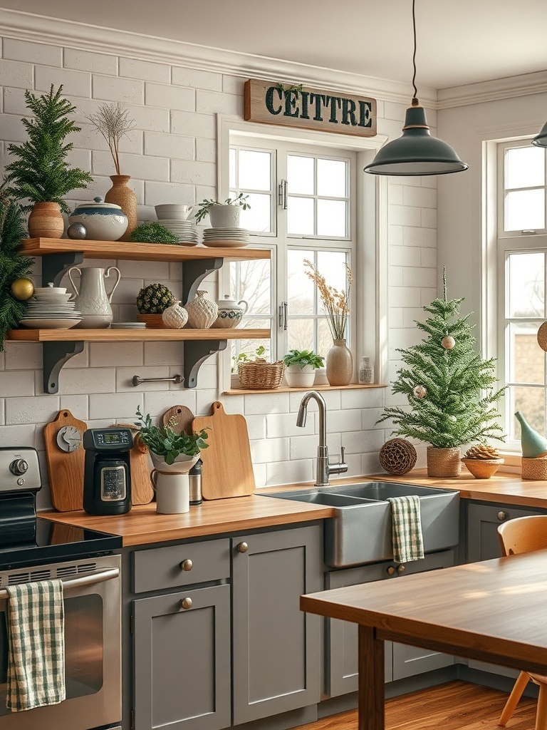 A rustic kitchen with wooden shelves displaying dishes and plants.