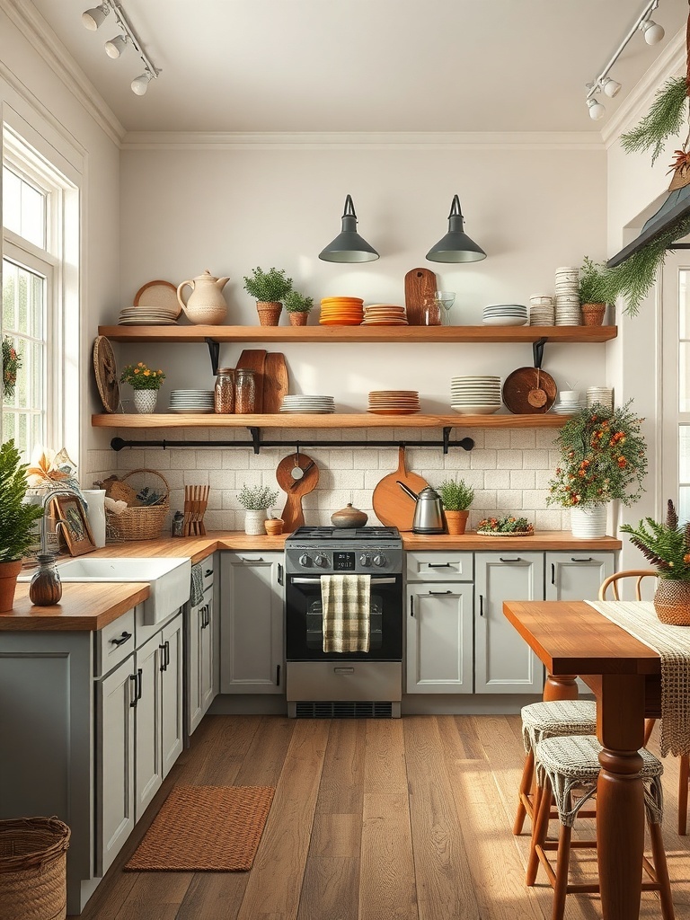 Rustic farmhouse kitchen with wooden shelving units displaying dishes and decor.
