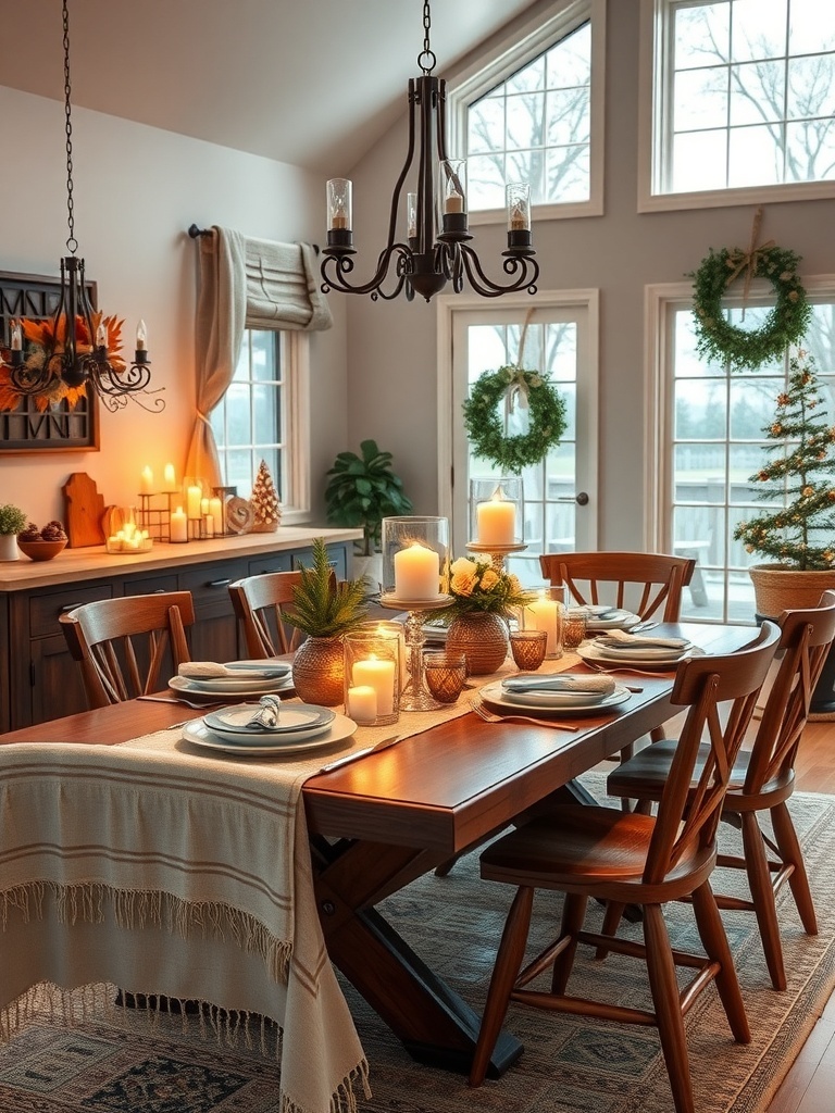 A rustic farmhouse dining table set with candles, flowers, and decorative items.