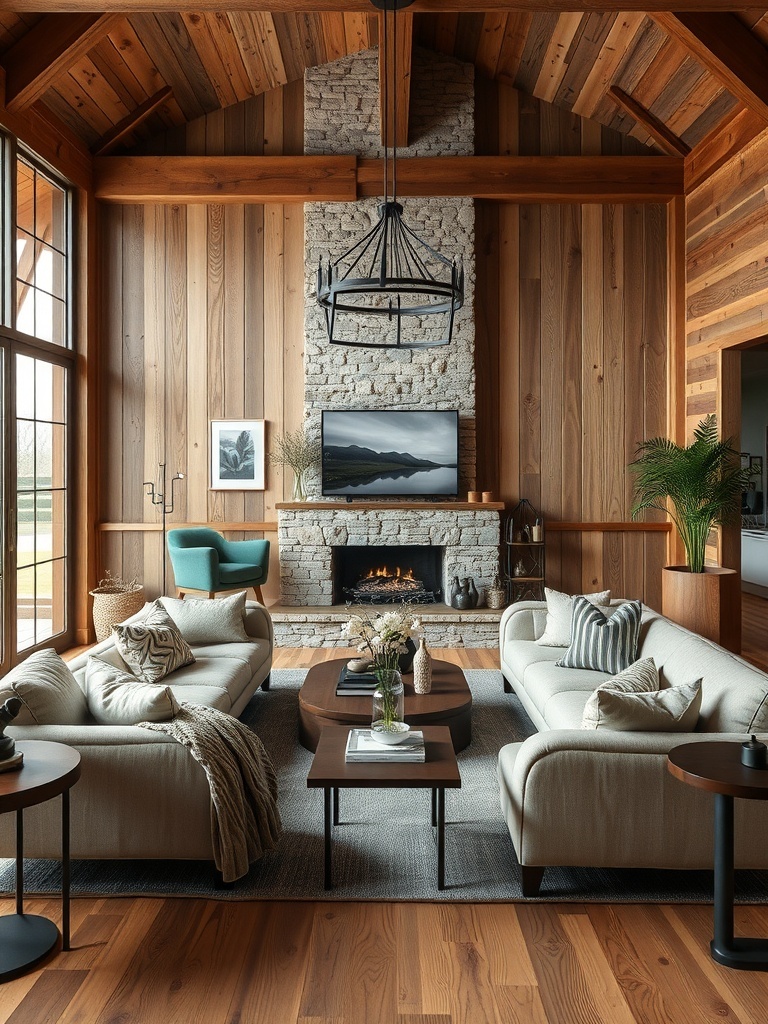 A rustic luxe living room featuring wooden walls, a stone fireplace, light-colored sofas, and a stylish chandelier.