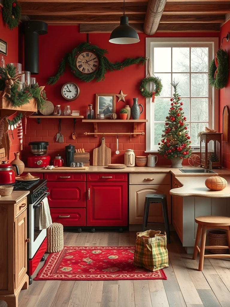 A cozy kitchen featuring rustic red cabinets and soft beige accents, decorated for the holidays.