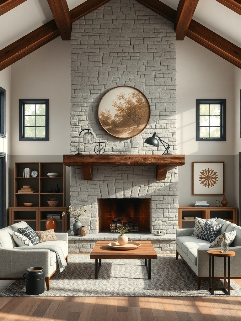A rustic stone fireplace in a farmhouse living room with wooden beams and cozy furniture.