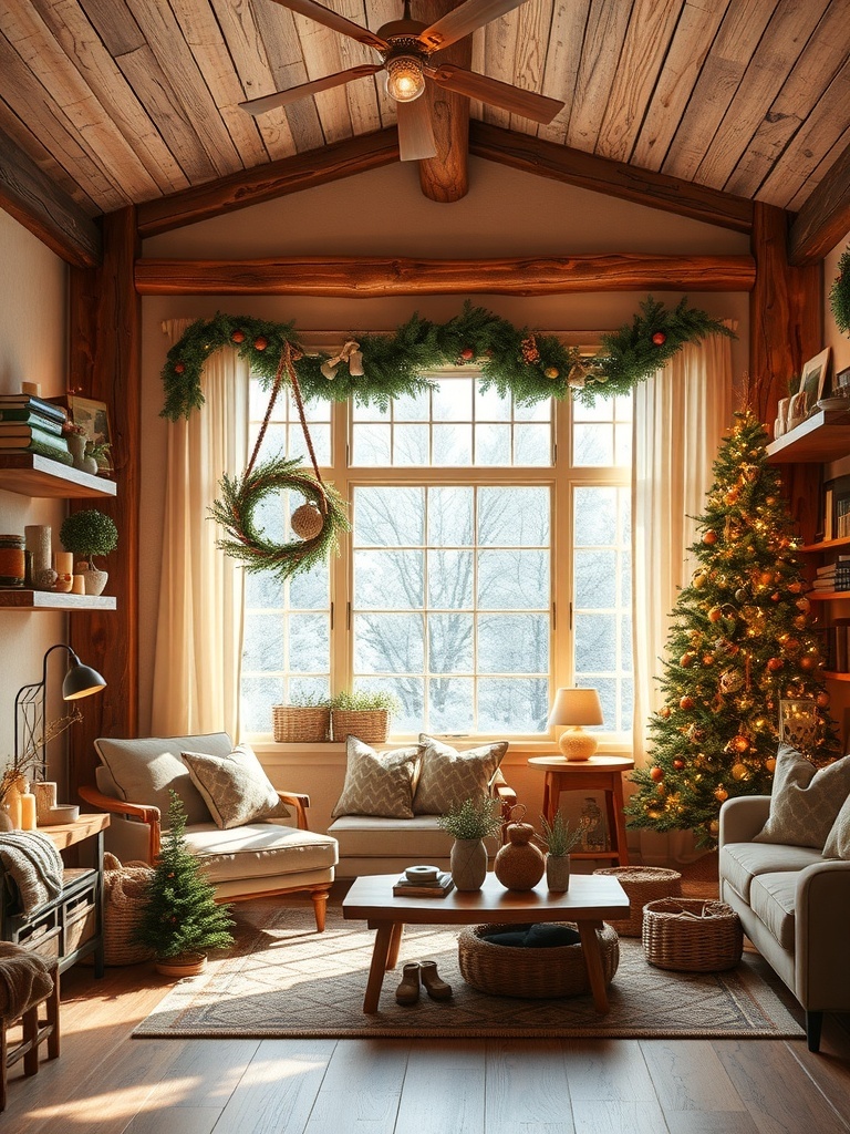 Cozy living room with rustic wood accents and fall decorations.