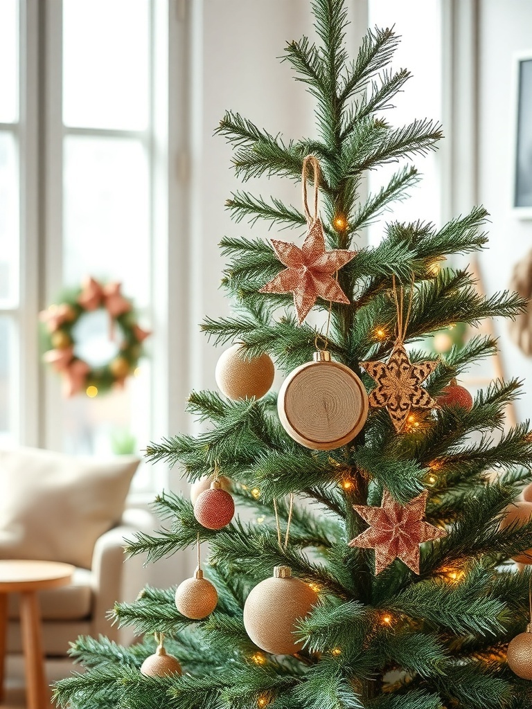 A Christmas tree decorated with rustic wood ornaments and warm lights.