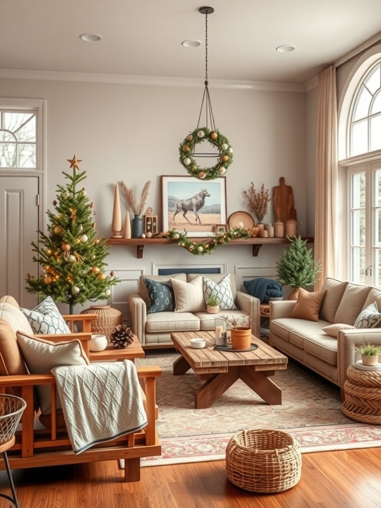 A cozy living room decorated with rustic wooden furniture, a Christmas tree, and warm textiles.