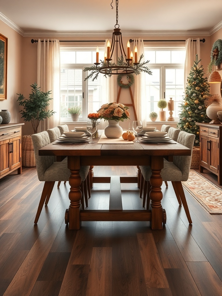 A cozy dining area featuring rustic wooden furniture, including a large table and soft chairs, with natural light streaming in.