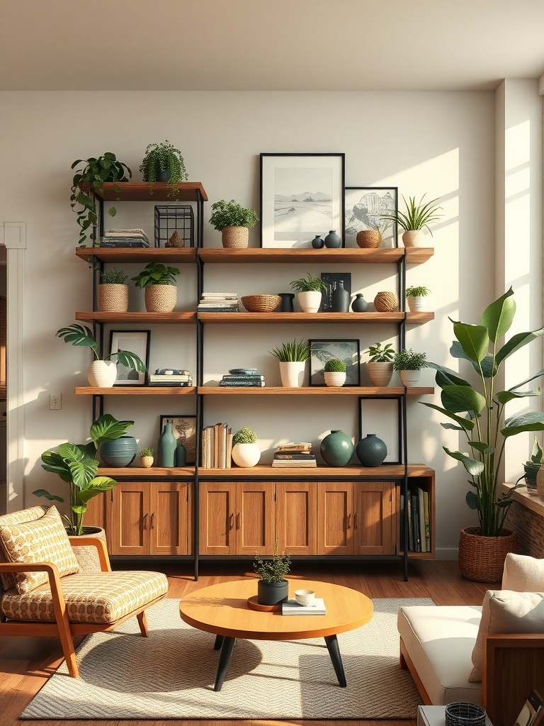 Rustic wooden shelves filled with plants and decor items in a cozy living room
