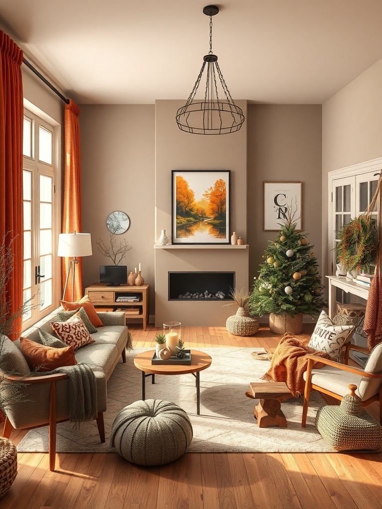 A cozy living room featuring rusty orange curtains and olive green accents, with warm wooden floors and a festive touch.