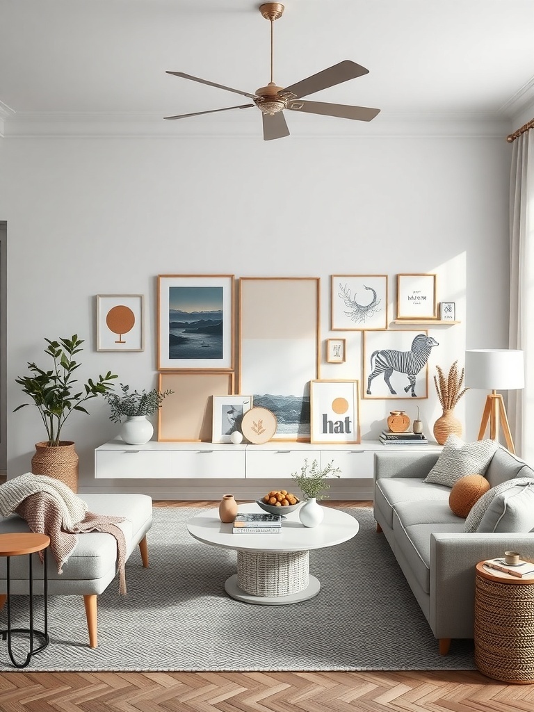 A stylish Scandinavian living room with art and decor featuring natural elements.