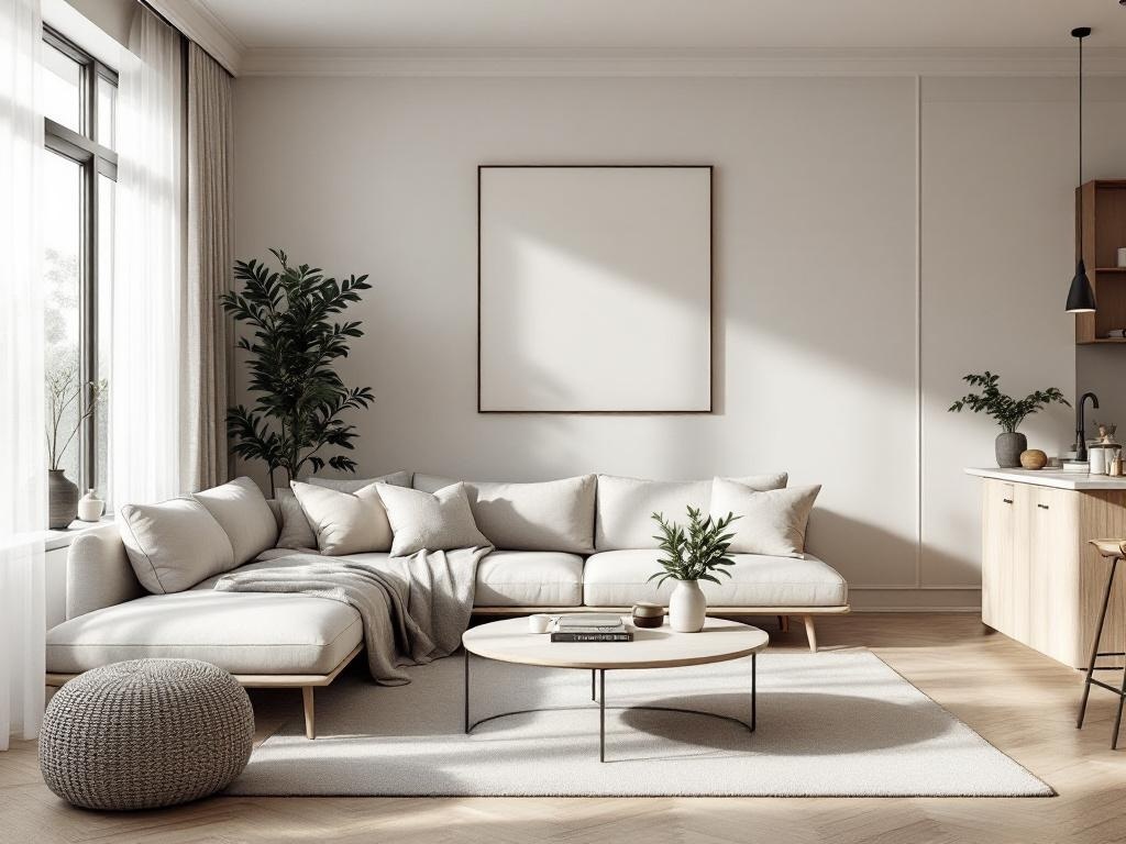Modern Scandinavian living room with a sectional sofa, round coffee table, and plants.
