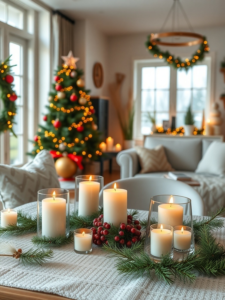 A cozy holiday table setting with scented candles in festive holders, surrounded by greenery and decorations.
