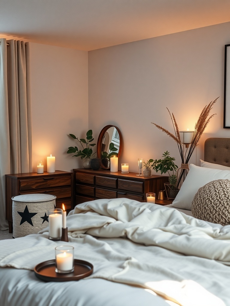 A cozy bedroom with scented candles, plants, and soft bedding.
