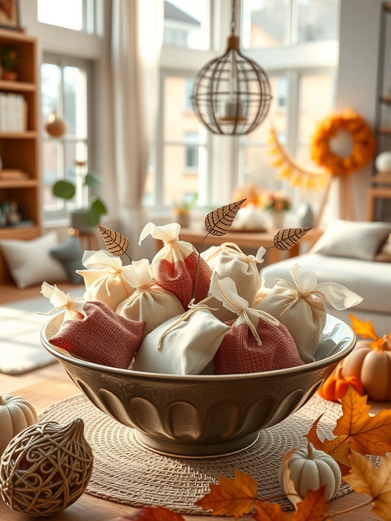 A bowl filled with colorful scented sachets surrounded by autumn decorations.