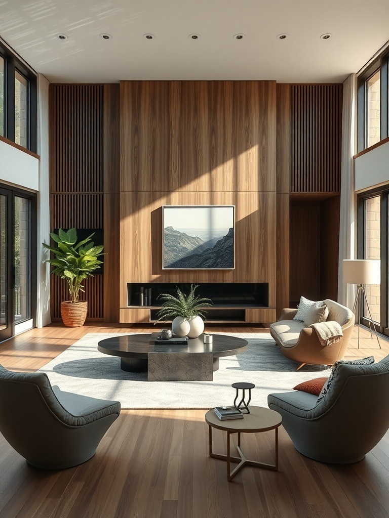 A luxurious living room featuring sculptural furniture, including unique chairs and a round coffee table, with large windows and wooden accents.