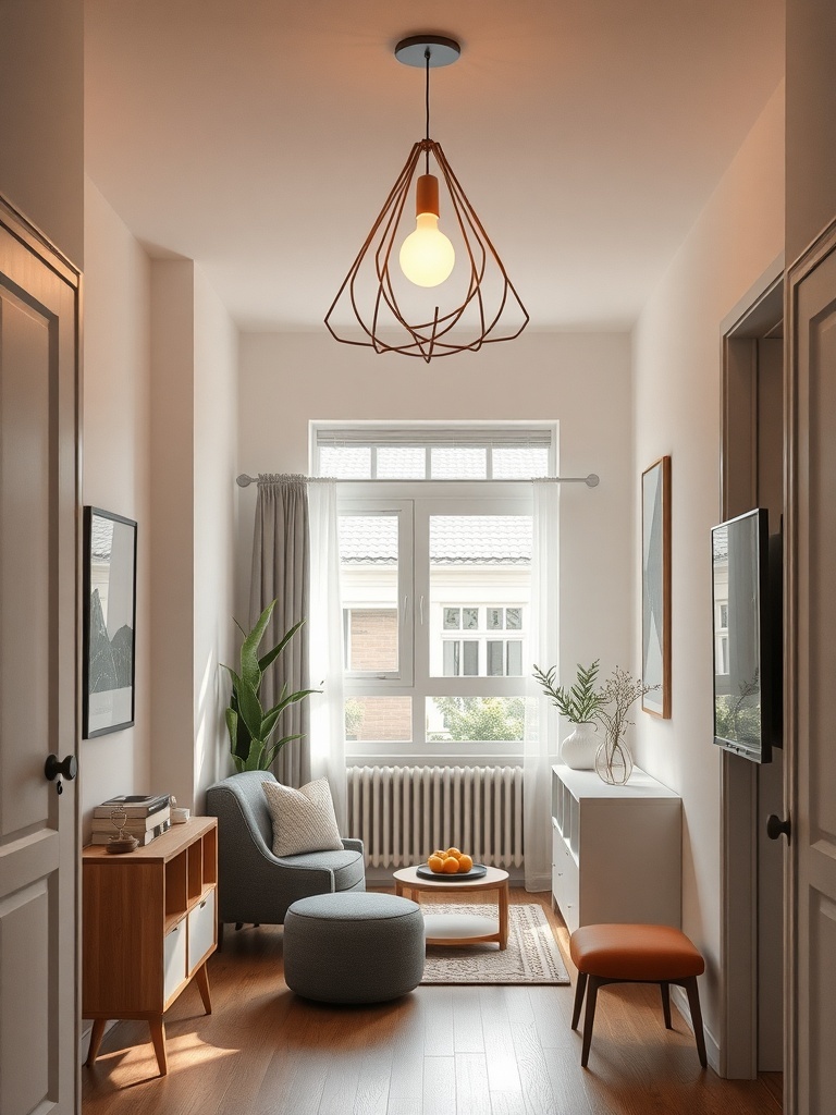 A modern living space featuring a sculptural pendant light above a cozy seating area.