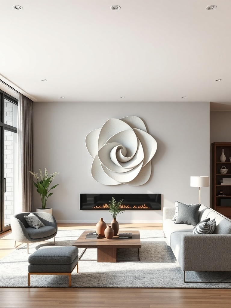 A modern living room featuring a sculptural wall art piece that resembles a flower, with cozy seating and a fireplace.