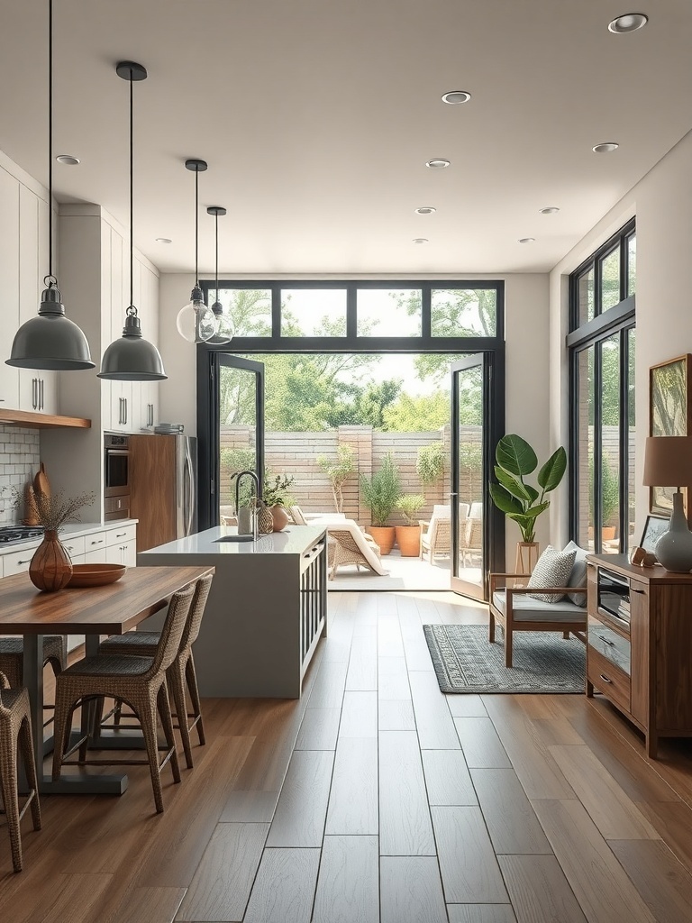 Modern kitchen with seamless indoor-outdoor flow, featuring large glass doors opening to an outdoor seating area.