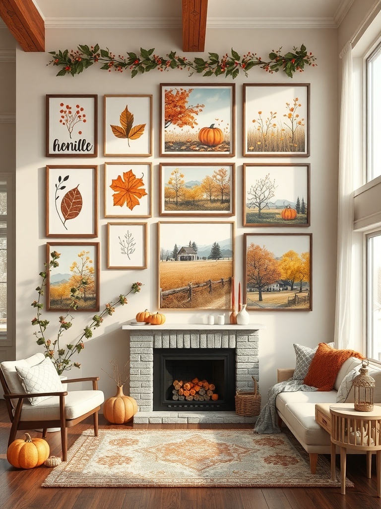 A cozy living room with a gallery wall of fall-themed artwork, pumpkins, and a fireplace.