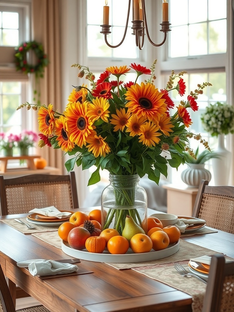 A summer dining table centerpiece featuring a vase of sunflowers surrounded by fresh fruits.