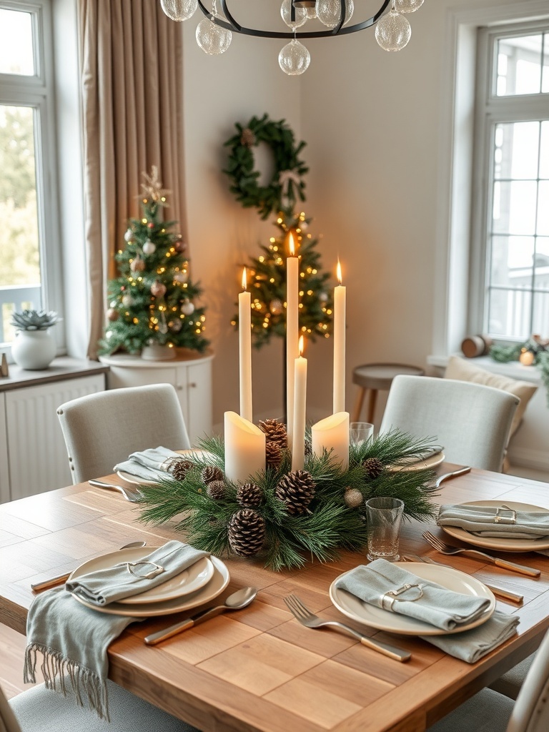 Cozy winter centerpiece with candles and pinecones on a dining table.